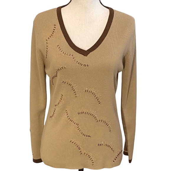 3/$10 Ziani Couture Sweater M Tan Beaded Top - Picture 2 of 7